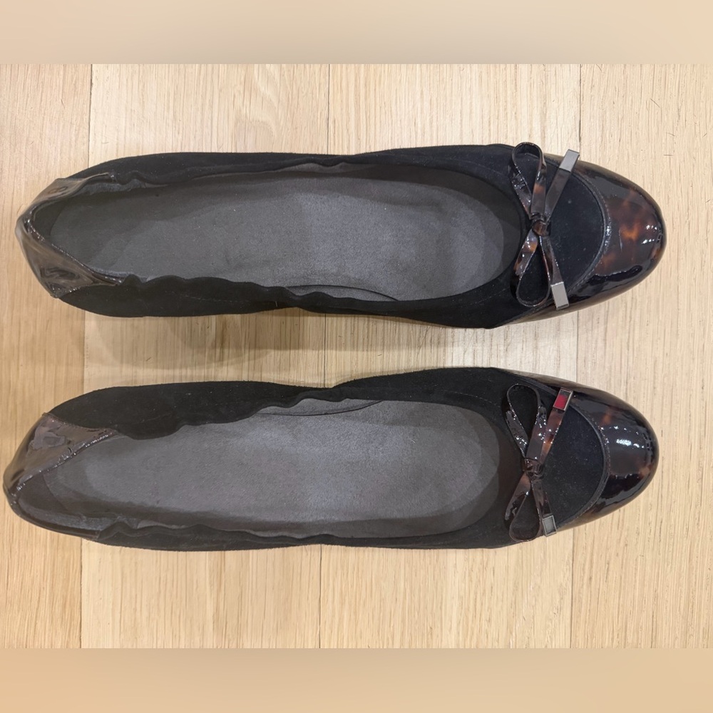 Stuart Weitzman Black Suede And Brown Patent Leather with Bow Accent